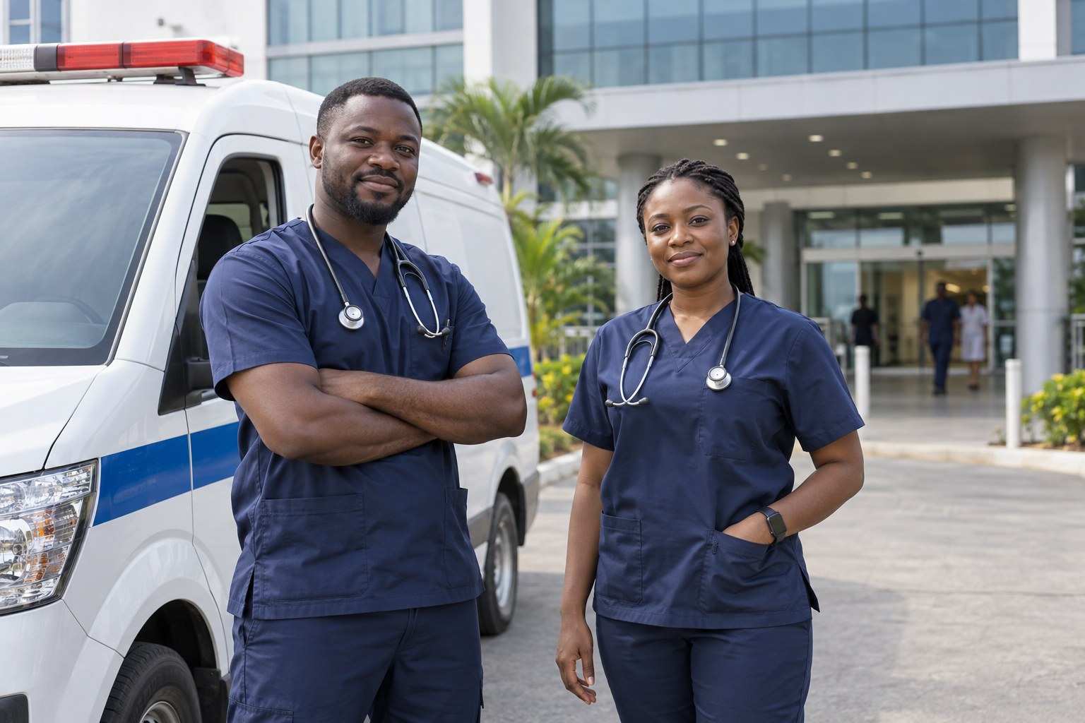 Illustrative Nigerian emergency clinicians beside an ambulance